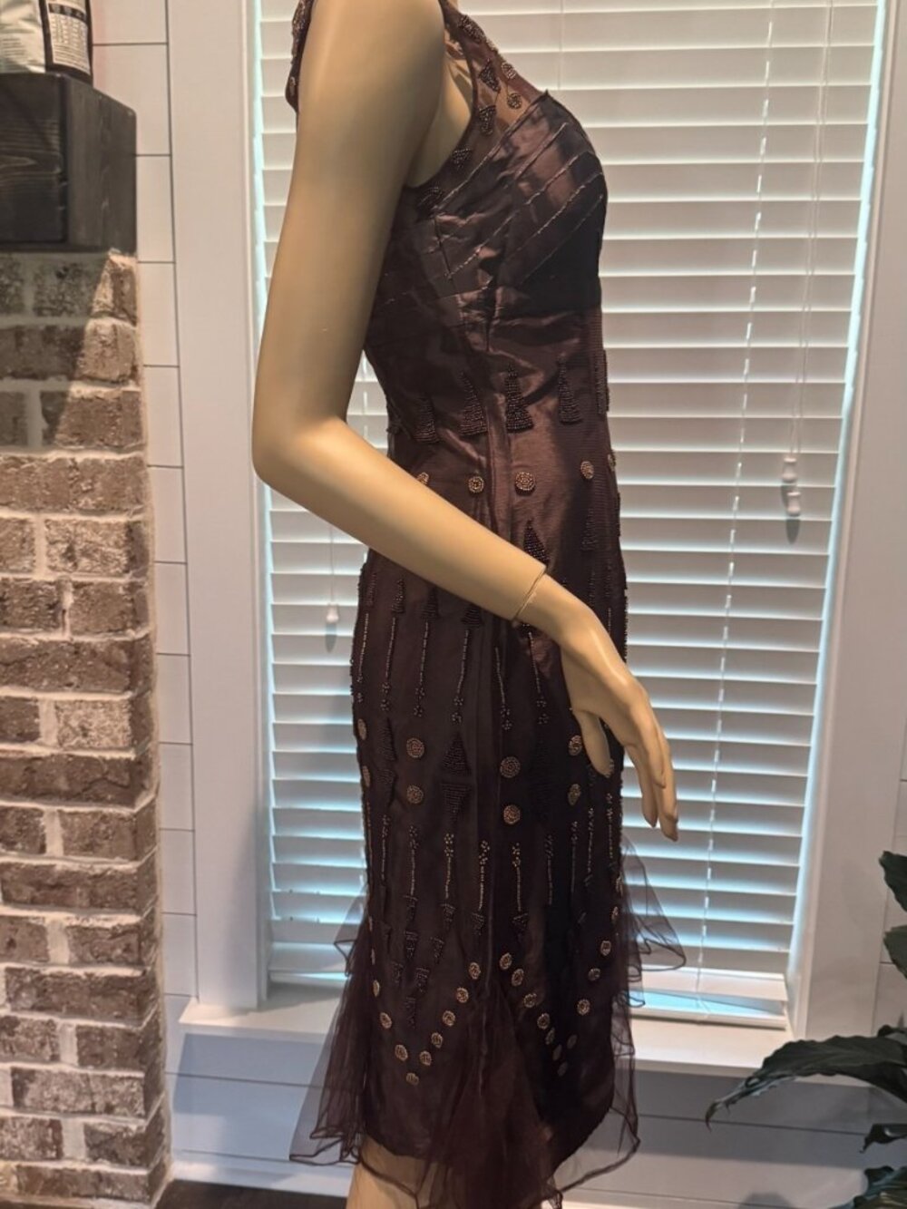 Sue Wong Y2K Hand Beaded Evening Gown Brown Chocolate Gold Midi NWT 6 G7 - Picture 5 of 6